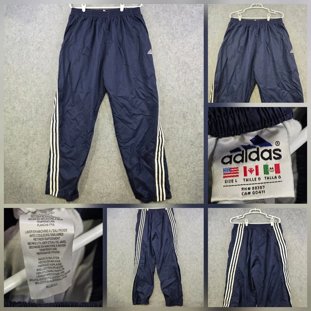 VTG Adidas Pants Mens Large Blue Tearaway 3 Stripe Snap Side Lined Track Warm Up